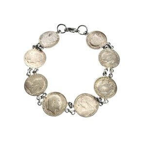 Vintage Silver Coin Bracelet Antique British European Vintage Charm Link 7.75”
